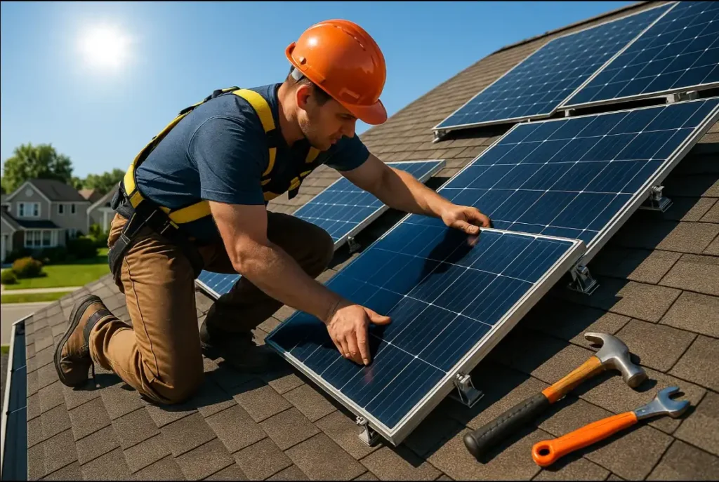 Technician from Daniel Hood Roofing adjusting a tilted solar panel on a residential roof, with tools nearby on a bright, sunny day in a suburban neighborhood.