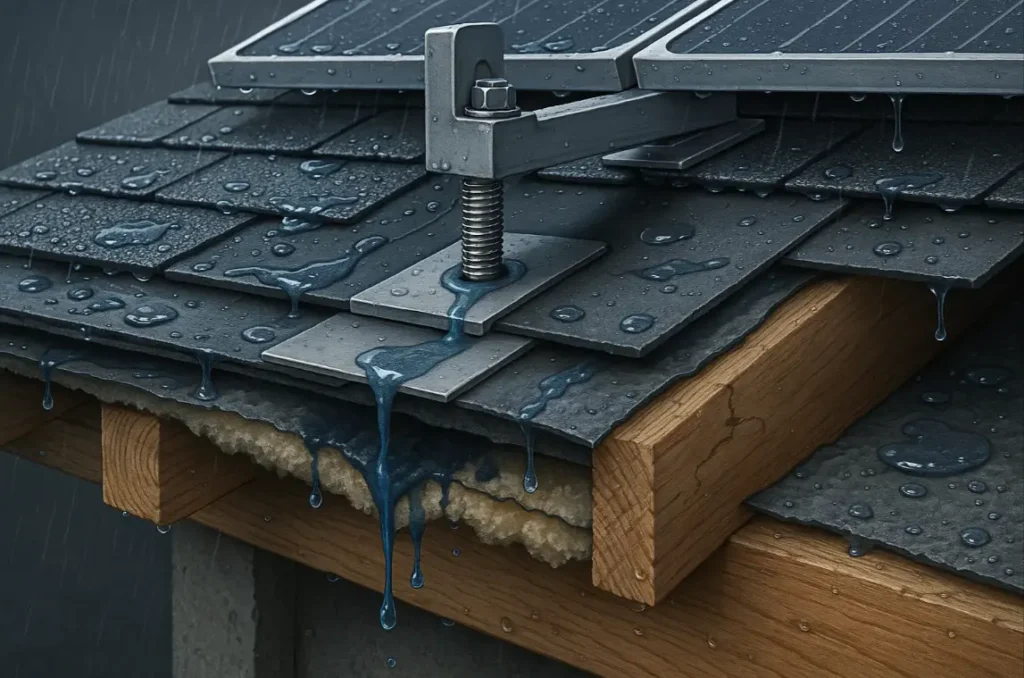Cross-section of a roof under solar panel mounts showing rainwater leaking through screw holes and flashing, with moisture entering insulation and wooden roof structure, by Daniel Hood Roofing."