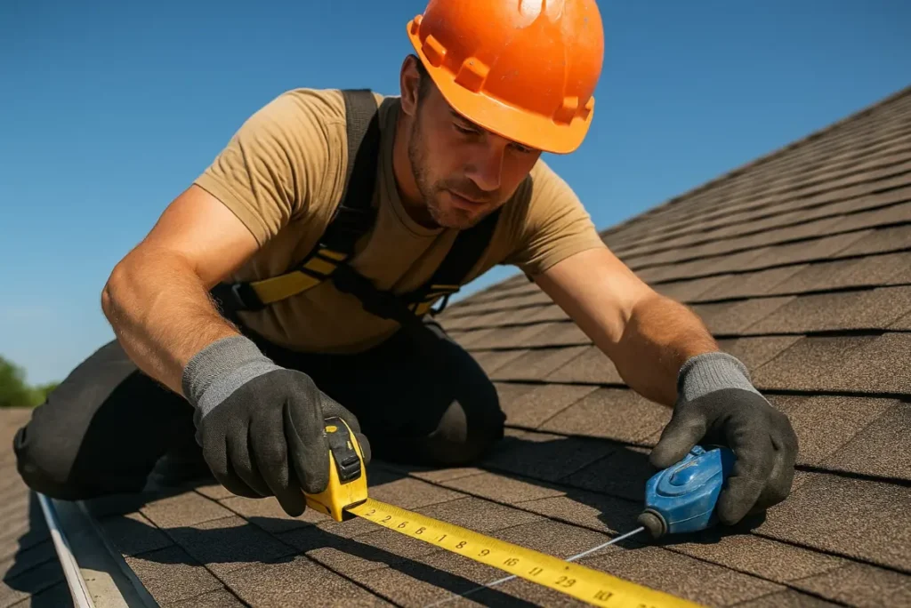 Roofer measuring a residential roof with tape measure and chalk line, wearing safety gear, sunny day, Daniel Hood Roofing Systems.