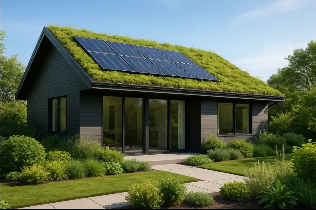 Modern eco-friendly home with a green sustainable roof and integrated solar panels, surrounded by lush landscaping, created for Daniel Hood Roofing.