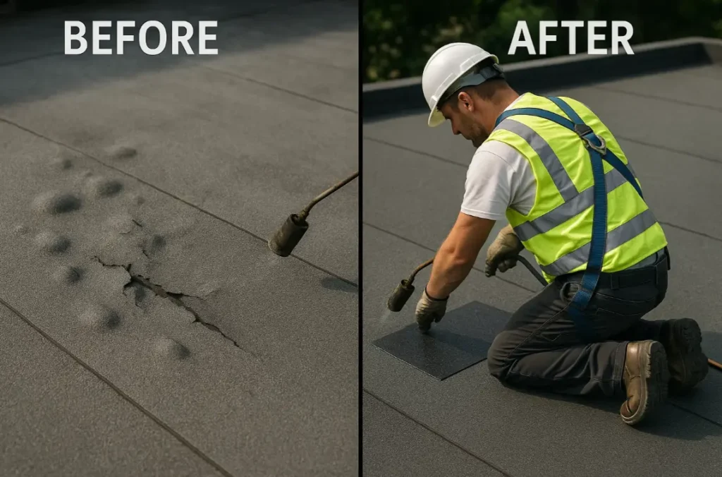 Before and after torch-down roof repair showing blisters and tears patched by a professional. Daniel Hood Roofing.