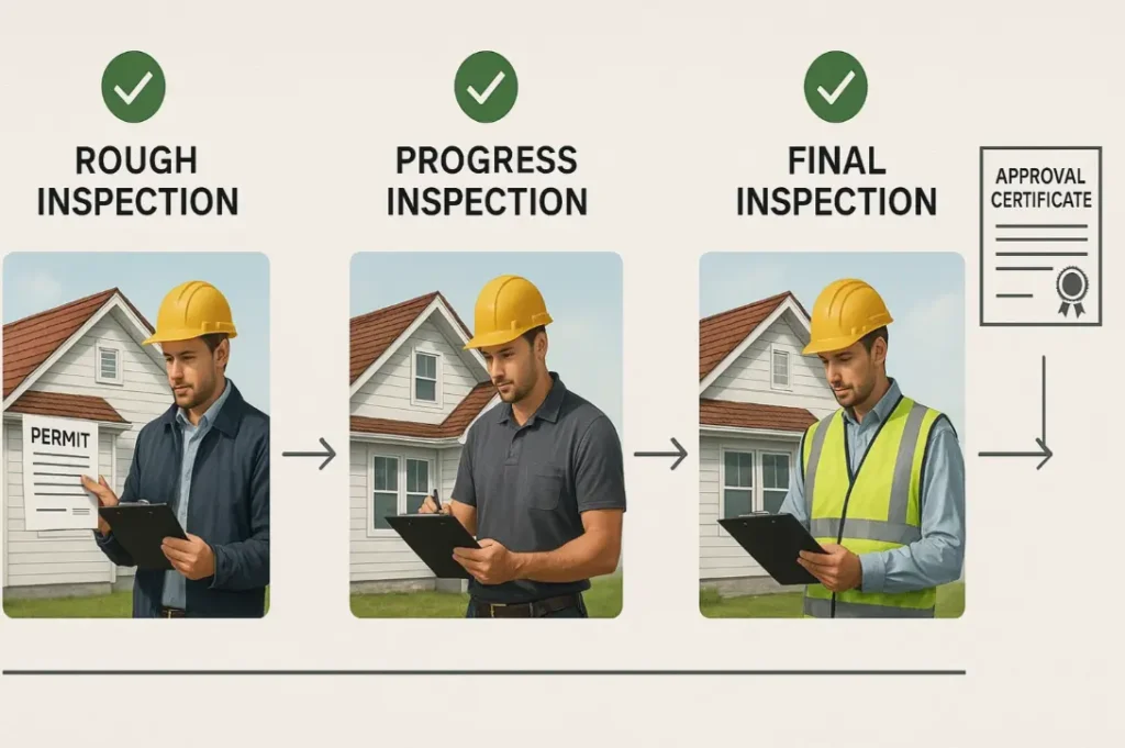 Create an ultra-realistic horizontal flowchart showing five stages of the roofing inspection process:

Permit Posting

Rough Inspection

Progress Inspection

Final Inspection

Approval Certificate

Represent each stage with clean, high-quality infographic-style icons and realistic house/roof visuals (no cartoon effects). Include a professional-looking inspector at each inspection stage holding a clipboard—lifelike, detailed, with proper safety gear.

Use crisp green checkmarks, sharp lines, natural lighting, and a modern layout. The entire image must look like a real, polished construction-industry graphic—ultra-realistic, clean, technical, and not cartoonish.