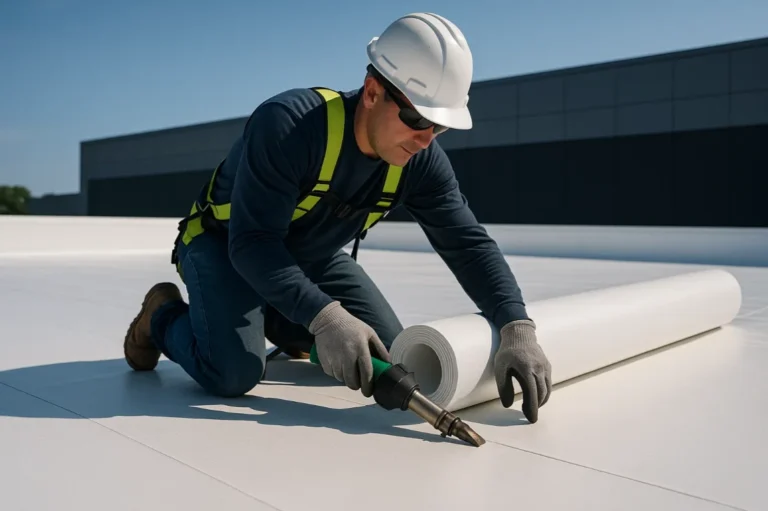 Roofer installing a single-ply TPO membrane on a flat commercial roof