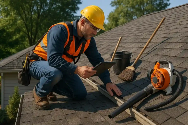 Professional contractor performing roofing repair and maintenance, inspecting chimney flashing and shingles for damage by Daniel Hood Roofing.