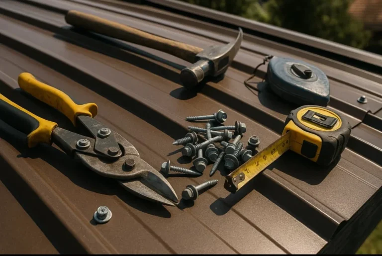Roofing tools including tin snips, metal panels, fasteners, tape measure, and chalk line arranged on a residential roof, daylight, Daniel Hood Roofing Systems.