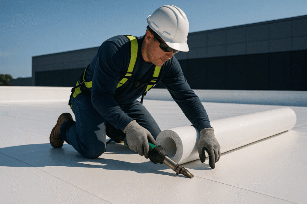 Professional roofing contractor installing a 10-foot-wide single-ply TPO membrane on a flat commercial roof, ensuring durability and expert craftsmanship — Daniel Hood Roofing Systems.