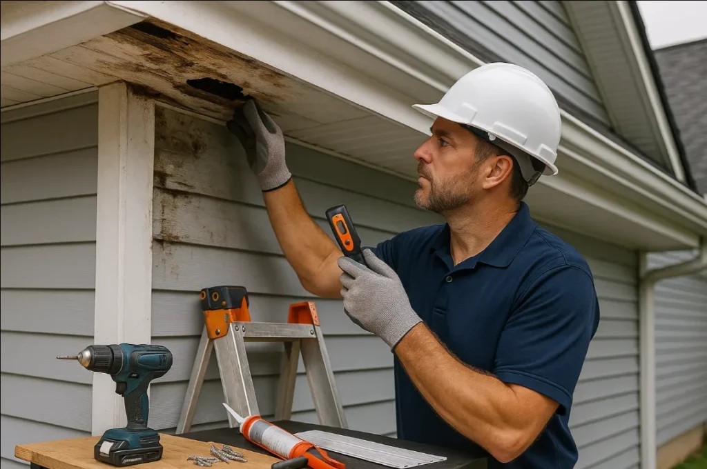 Professional soffit repair contractors from Daniel Hood Roofing inspecting water-damaged soffit panels on a home exterior, using tools and safety gear during a detailed evaluation.