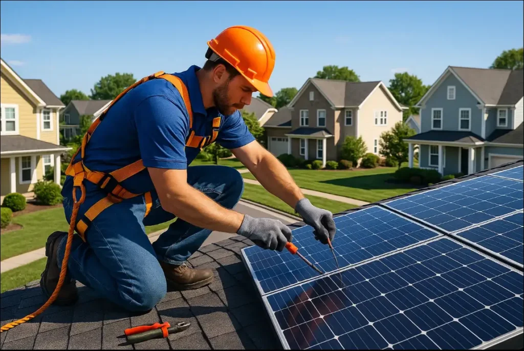 Roofing contractor from Daniel Hood Roofing inspecting solar panels on a residential roof in a Tennessee suburban neighborhood, wearing a safety harness and helmet.