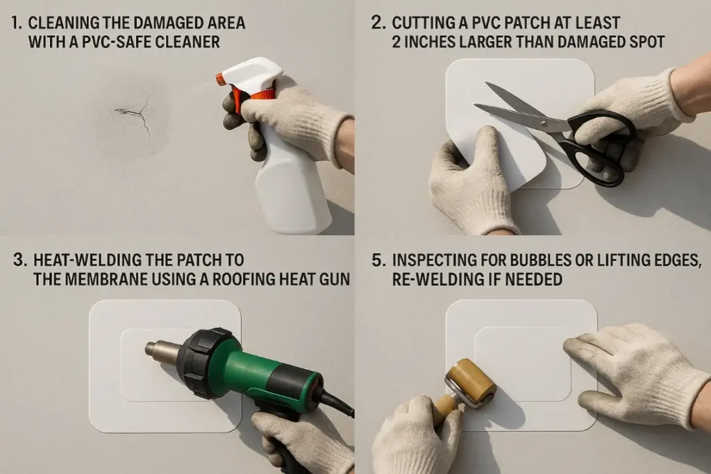 Step-by-step application of a PVC roof patch with a heat gun by Daniel Hood Roofing Systems, showing hands, patch, and tools in realistic detail.