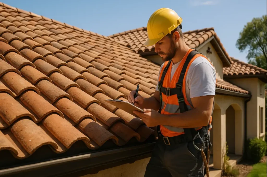Daniel Hood Roofing roofer inspecting a Mediterranean-style clay tile roof on a sunny day, checking tiles and noting details for maintenance