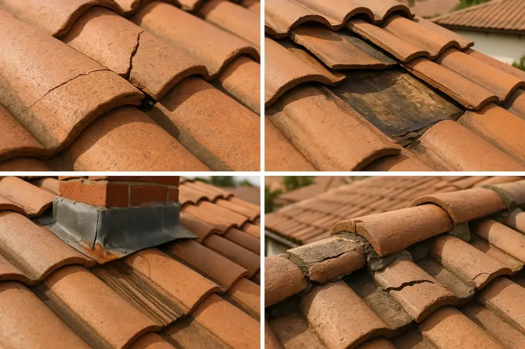 Common tile roofing problems inspected by Daniel Hood Roofing, showing cracked tiles, worn underlayment, flashing issues, and ridge cap damage