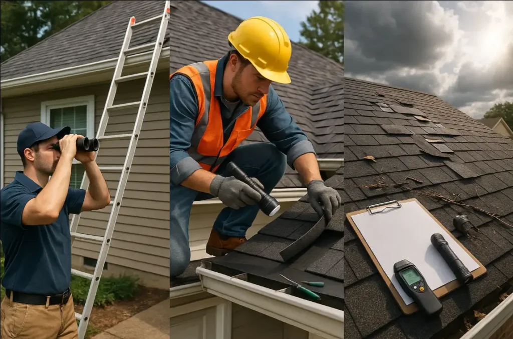 Different types of roof inspection services shown in one image — visual inspection from ground, comprehensive inspection on roof, and post-storm inspection of damaged shingles, Daniel Hood Roofing Systems.