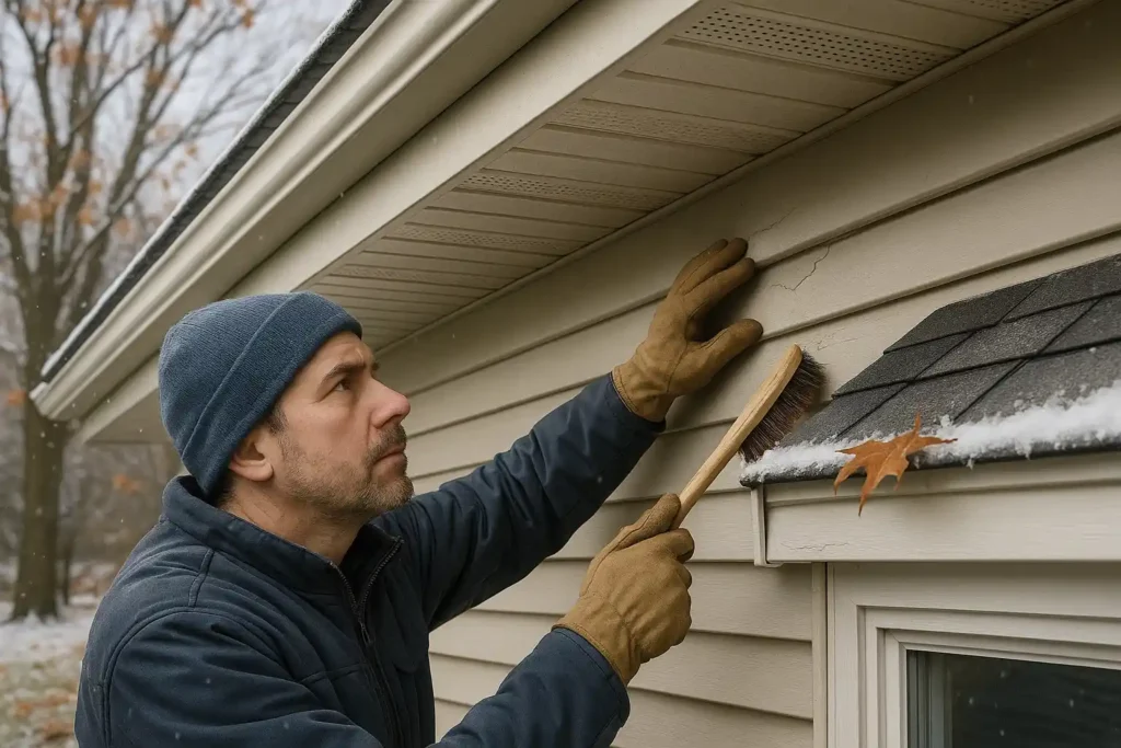 Daniel Hood Roofing soffit repair contractors inspecting damaged soffit and siding during winter maintenance.