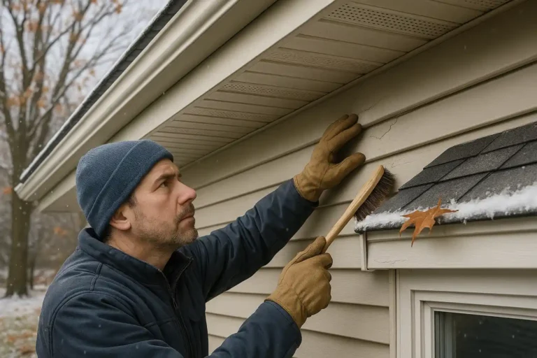 Daniel Hood Roofing soffit repair contractors inspecting damaged soffit and siding during winter maintenance.