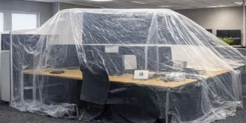 Office workspace covered with protective plastic sheeting during Emergency Commercial Roof Repair by Daniel Hood Roofing to minimize interior damage.