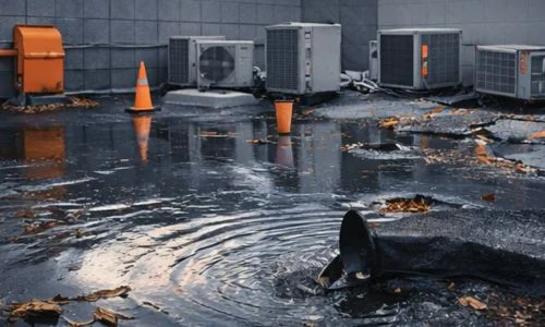 Ponding water on a commercial roof near HVAC equipment, requiring Emergency Commercial Roof Repair by Daniel Hood Roofing to restore proper drainage.