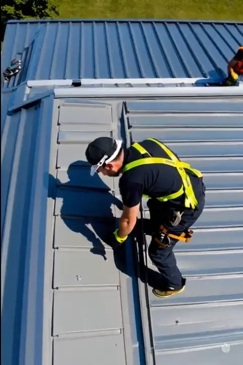 Daniel Hood Roofing installing roof flashing on a standing seam metal roofing system.