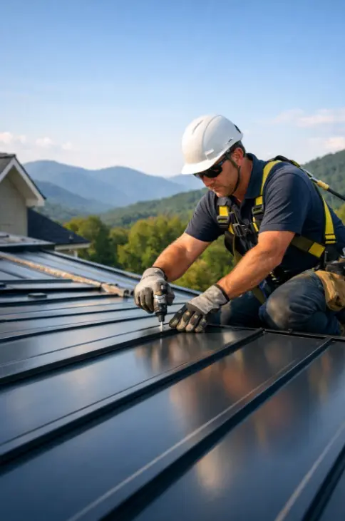 Daniel Hood Roofing installing a standing seam metal roof on a residential home in East Tennessee.