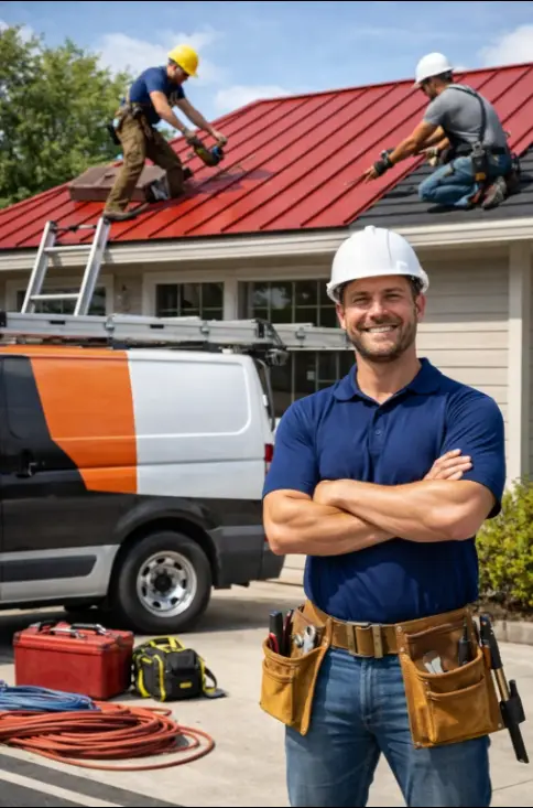 Professional metal roofing contractor smiling with arms crossed in front of a home while crew members install a red standing seam metal roof, with a work van and tools visible in the driveway.