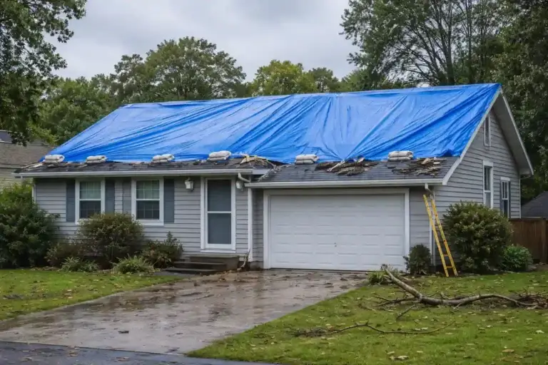 Blue tarp secured over storm-damaged residential roof