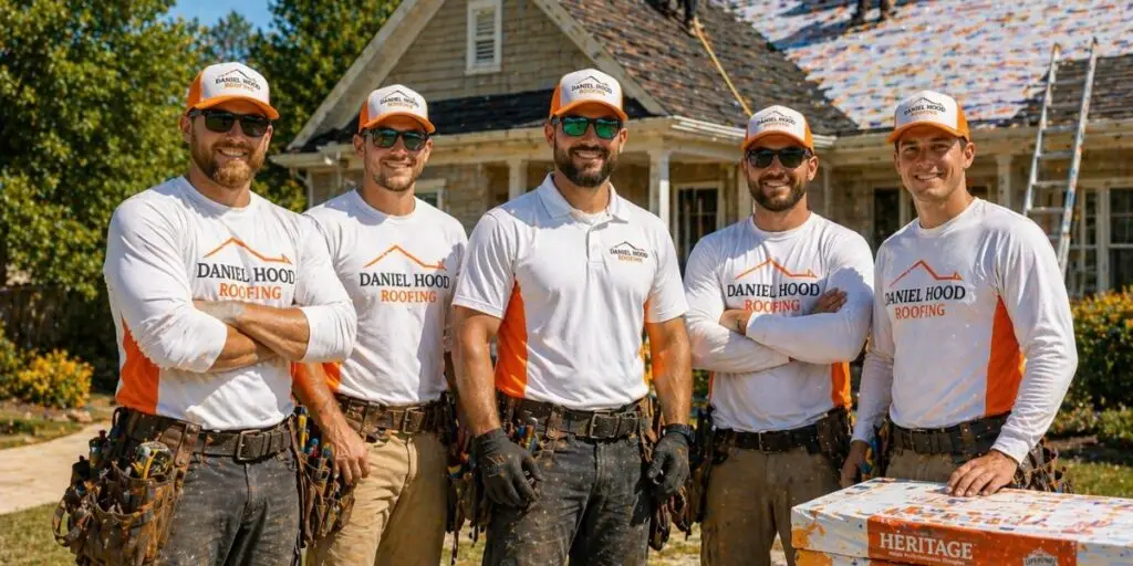 Daniel Hood Roofing team on a sunny job site wearing branded uniforms