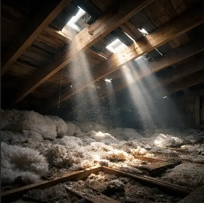 Sunlight coming through holes in attic roof with damaged insulation – roof inspection by Daniel Hood Roofing Systems in Knoxville, East Tennessee