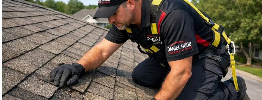 Daniel Hood Roofing Systems crew member inspecting a residential roof for leaks