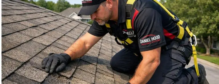 Daniel Hood Roofing Systems crew member inspecting a residential roof for leaks