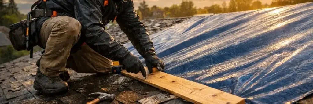 Professional roofer anchoring a heavy-duty tarp using cap boards after a storm