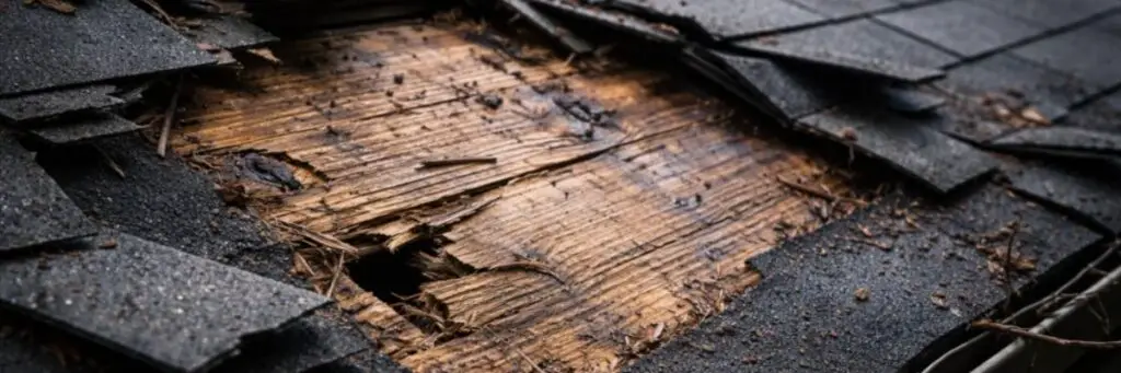 Close-up of roof damage with missing shingles and exposed wood decking after storm โ Daniel Hood Roofing Systems