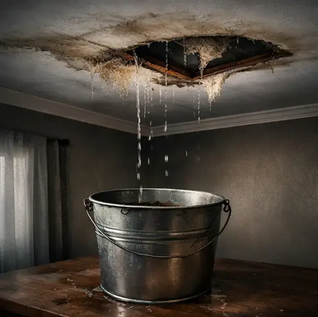 Ceiling leak with water dripping into a bucket inside a home – emergency roof tarping by Daniel Hood Roofing Systems in Knoxville, East Tennessee