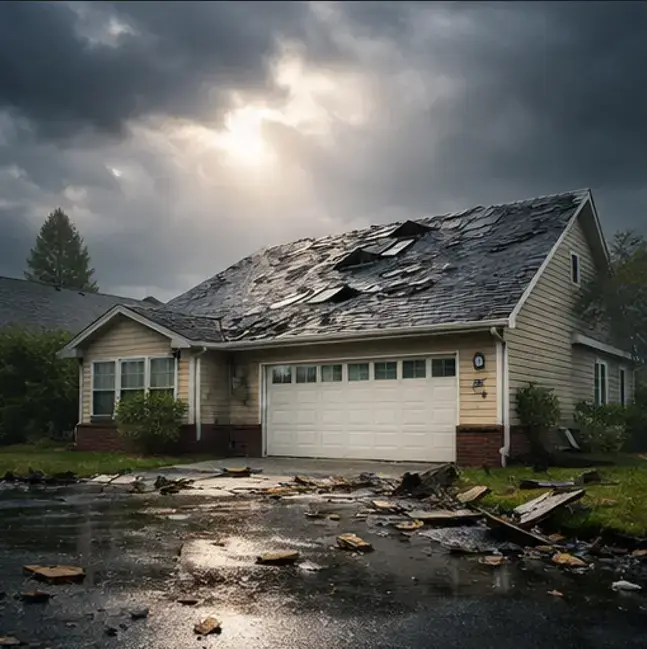 Storm-damaged residential roof with missing shingles and debris after severe weather – emergency tarping by Daniel Hood Roofing Systems in Knoxville, East Tennessee