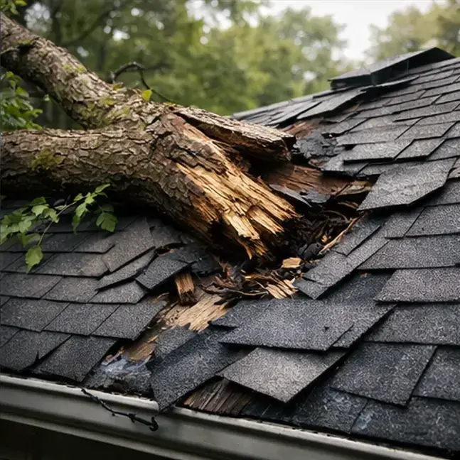 Large tree branch fallen on roof causing structural and shingle damage – emergency roofing service by Daniel Hood Roofing Systems in Knoxville, East Tennessee