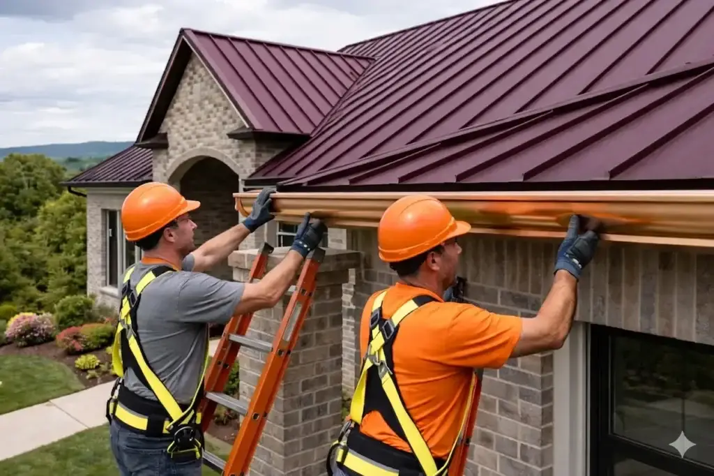 Two roofers installing copper gutters on a brick home with a metal roof