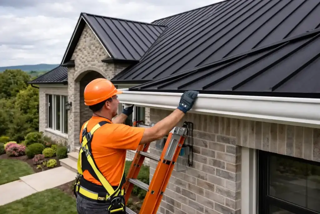 Crew installing seamless gutters on a brick home with a metal roof