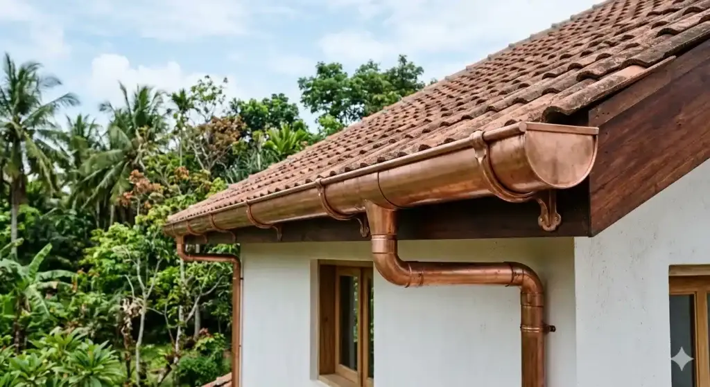 Copper half-round gutters on a home with a clay tile roof