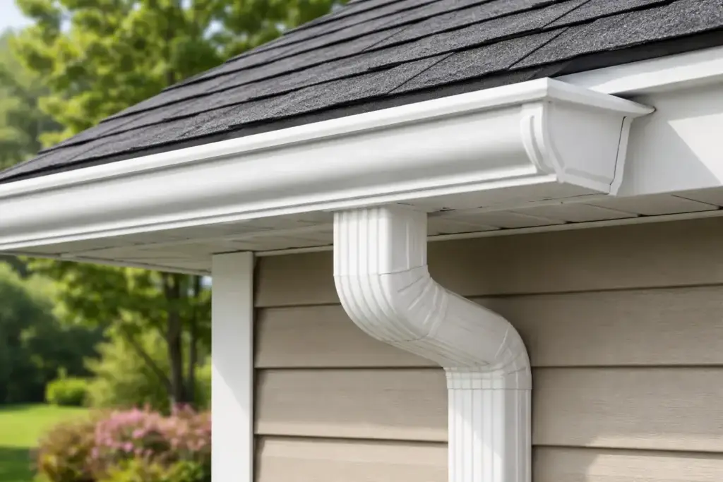 White K-style gutter and downspout on a home with a dark shingle roof