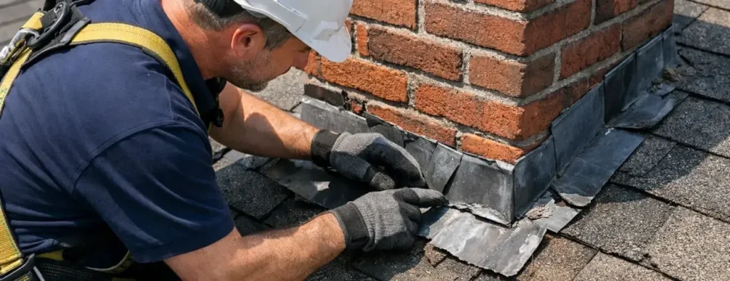 Roofer inspecting damaged chimney flashing on a shingle roof – Daniel Hood Roofing Systems