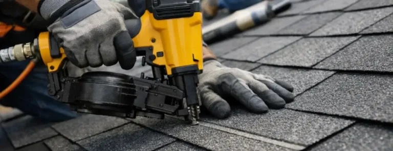 Roofing workers using a nail gun to install asphalt shingles with precise overlap and alignment on a residential roof.