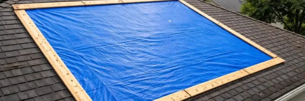 Temporary roof tarp covering storm damage to help minimize Emergency Roof Repair Cost by Daniel Hood Roofing.