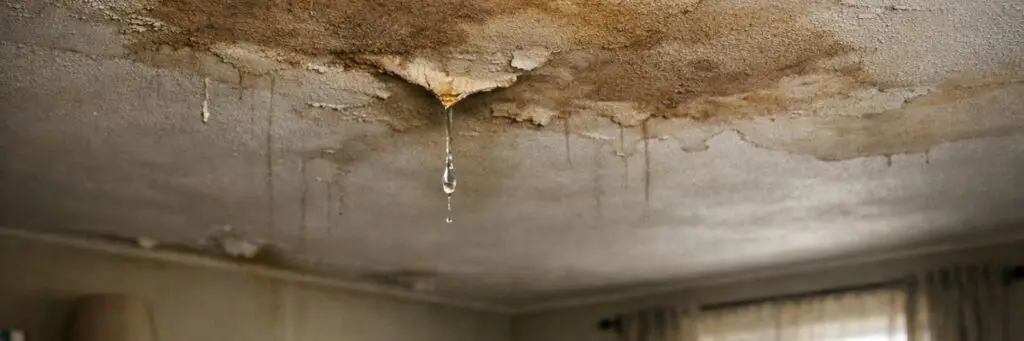 Brown water stain spreading across a home ceiling from an untreated roof leak