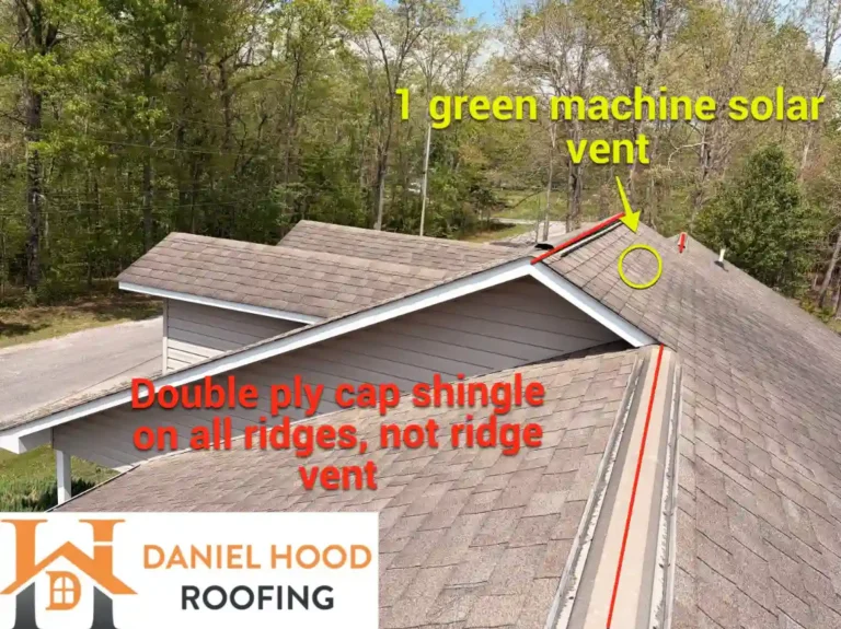Residential asphalt shingle roof showing ridge caps and solar-powered roof vent configuration during a roof replacement evaluation in Crossville, TN.