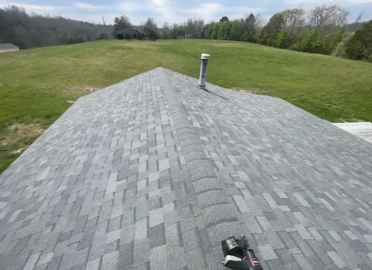 Completed garage roof replacement with architectural shingles and ridge cap ventilation