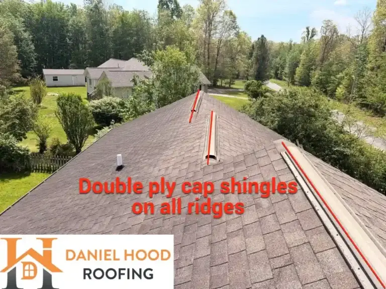Asphalt shingle roof with aluminum ridge vents and double-ply cap shingles identified during a roof inspection in Crossville, TN.