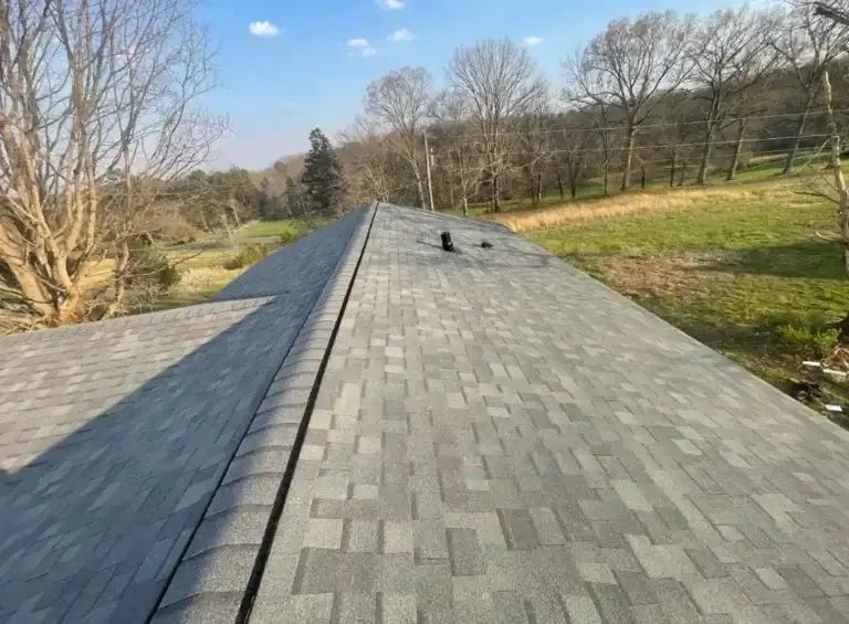 Architectural asphalt shingles installed on residential roof with ridge vent ventilation