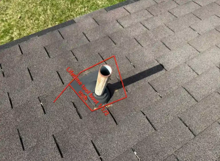 Detached garage roof marked for replacement with Owens Corning Estate Gray shingles and Rhino underlayment in Knoxville, TN
