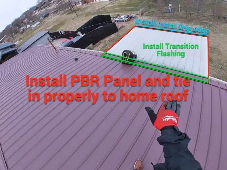 Daniel Hood Roofing Systems installing PBR metal panels with transition flashing and drip edge to properly connect a porch roof to the main roof.