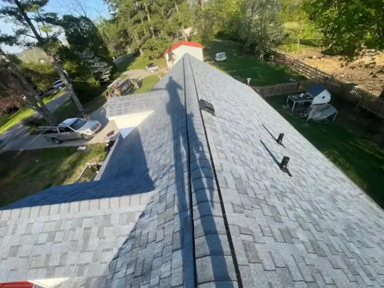 Overhead view of a completed architectural shingle roof installed by Daniel Hood Roofing Systems.
