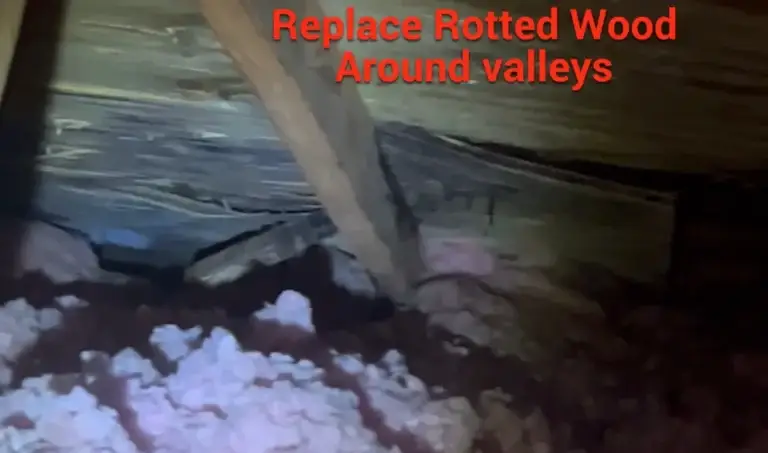 Attic wood rot around roof valleys requiring replacement during a roof restoration project by Daniel Hood Roofing.