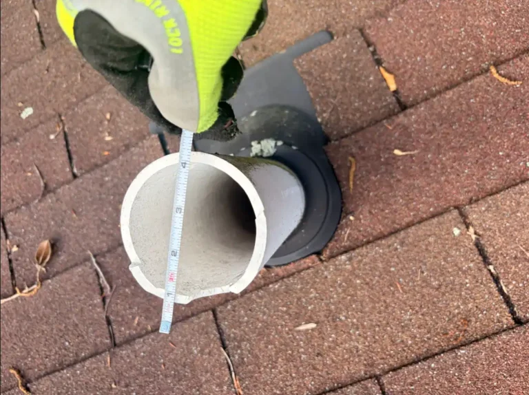 Close-up of a cracked pipe boot on an asphalt shingle roof allowing potential water intrusion.